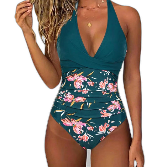 Stylish Floral Swimsuit for Women with Plunge Neck V Sleeveless Ruched Vacation Style