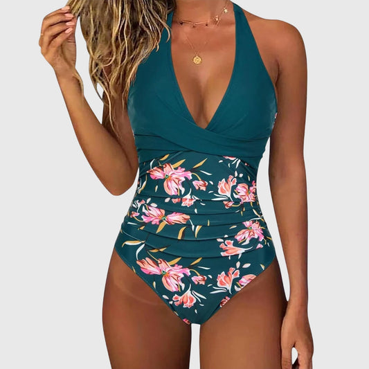 Stylish Floral Swimsuit for Women with Plunge Neck V Sleeveless Ruched Vacation Style