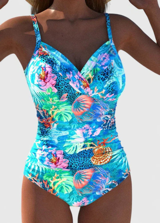Stylish Floral Swimsuit for Women with V Neck Sleeveless Ruched Vacation Style