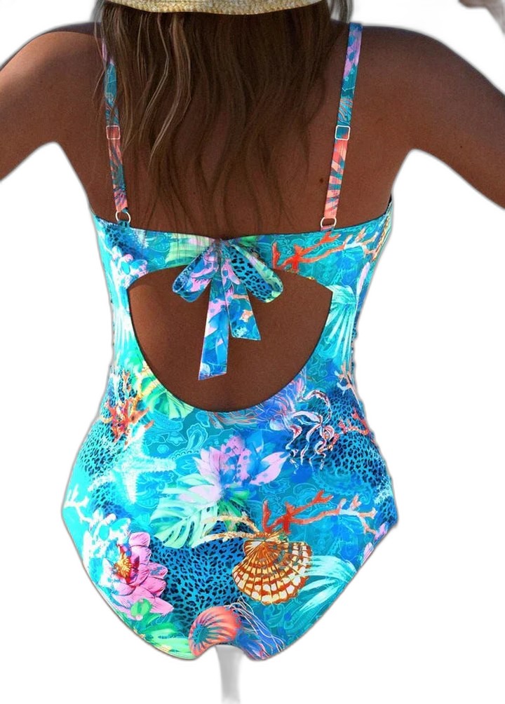 Stylish Floral Swimsuit for Women with V Neck Sleeveless Ruched Vacation Style