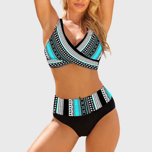 Stylish Geometric Bikini for Women with V Neck Sleeveless High Waisted Vacation Style