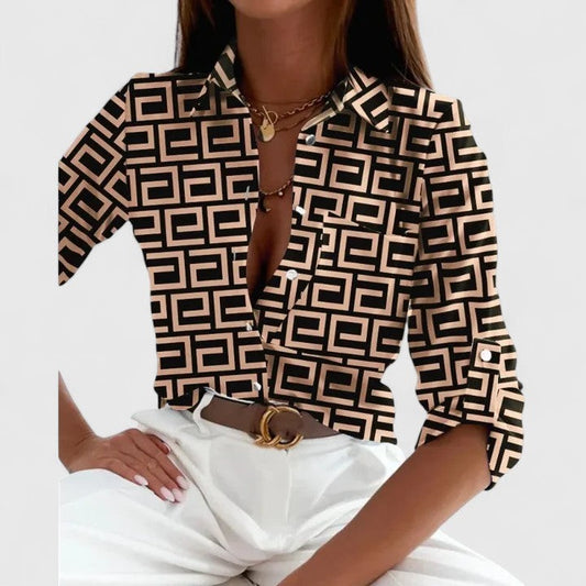 Stylish Geometric Blouse for Women with Collared Long Sleeve Button Front Flowing Office Style