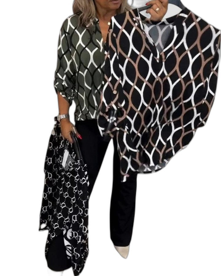Stylish Geometric Blouse for Women with Collared Long Sleeve Button Front Flowing Office Style