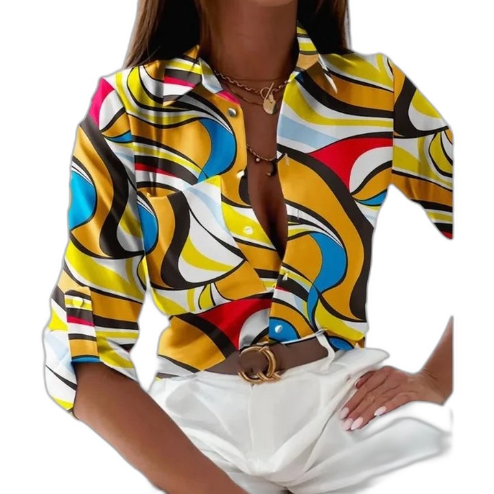 Stylish Geometric Blouse for Women with Collared Long Sleeve Button Front Flowing Office Style