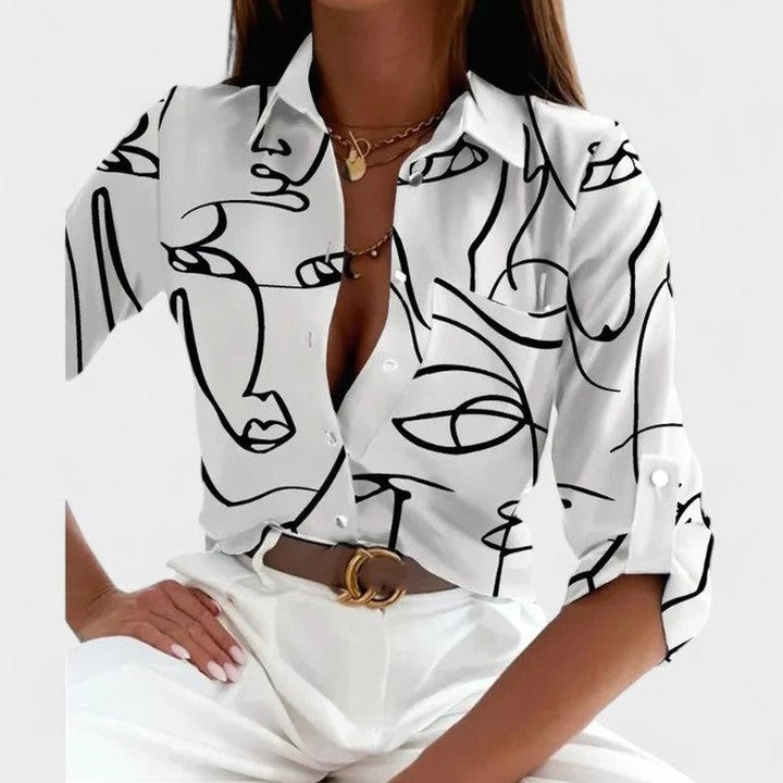 Stylish Geometric Blouse for Women with Collared Long Sleeve Button Front Flowing Office Style