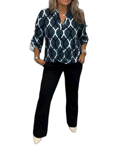 Stylish Geometric Blouse for Women with Collared Long Sleeve Button Front Office Style