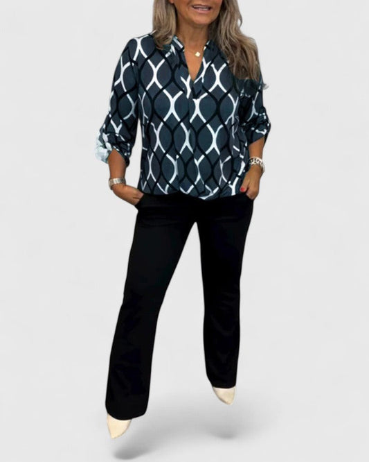 Stylish Geometric Blouse for Women with Collared Long Sleeve Button Front Office Style