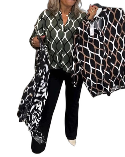 Stylish Geometric Blouse for Women with Collared Long Sleeve Button Front Office Style