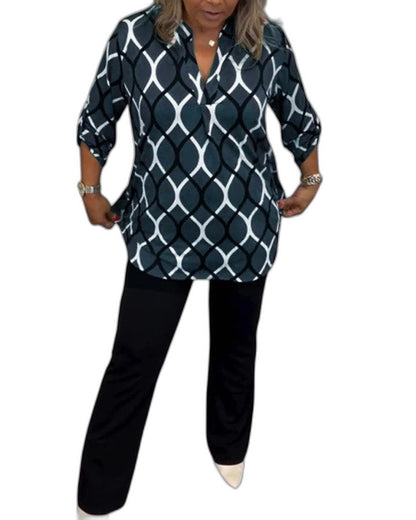 Stylish Geometric Blouse for Women with Collared Long Sleeve Button Front Office Style