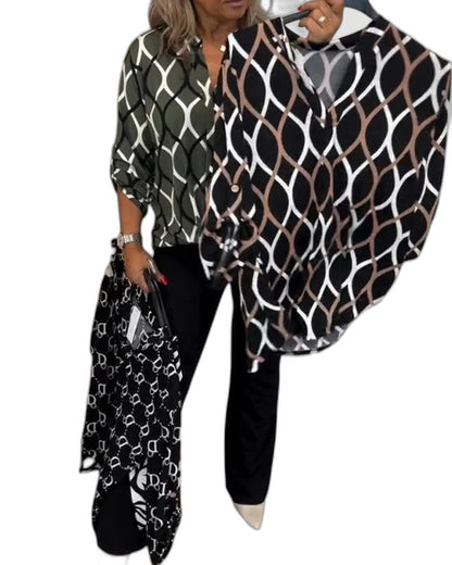 Stylish Geometric Blouse for Women with Collared Long Sleeve Button Front Office Style