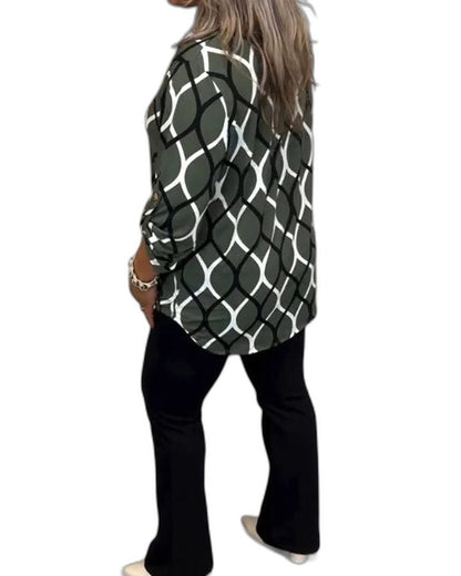 Stylish Geometric Blouse for Women with Collared Long Sleeve Button Front Office Style