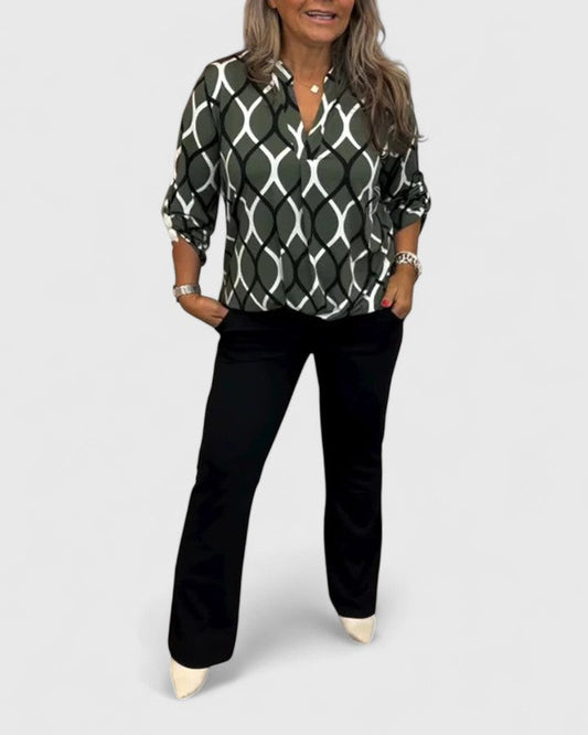 Stylish Geometric Blouse for Women with V Neck Long Sleeve Office Style