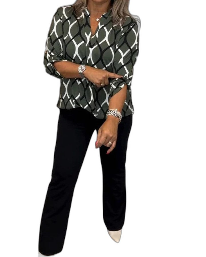 Stylish Geometric Blouse for Women with V Neck Long Sleeve Office Style