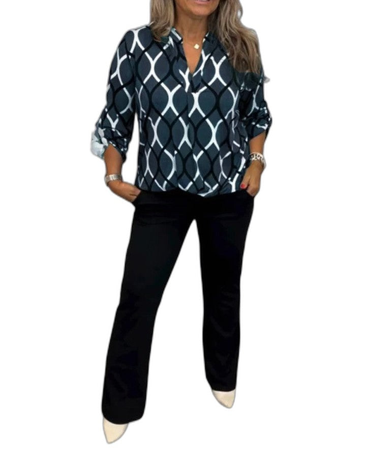 Stylish Geometric Blouse for Women with V Neck Long Sleeve Office Style