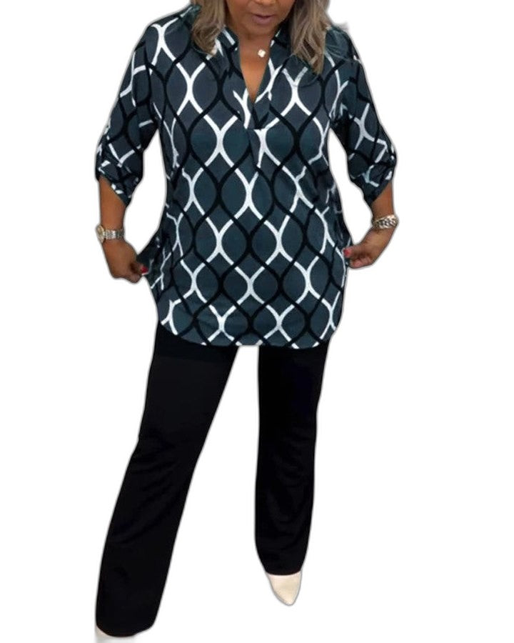 Stylish Geometric Blouse for Women with V Neck Long Sleeve Office Style