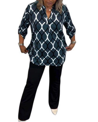 Stylish Geometric Blouse for Women with V Neck Long Sleeve Office Style