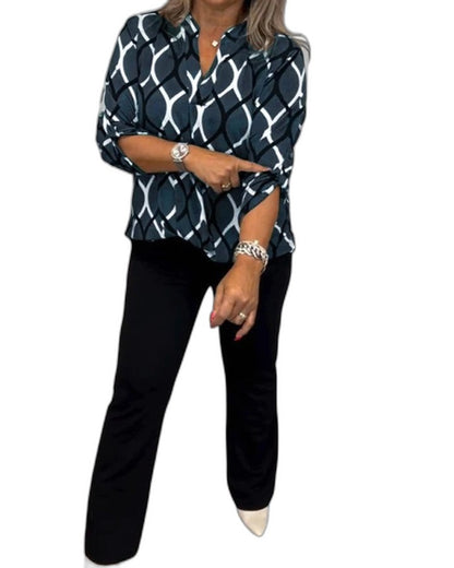 Stylish Geometric Blouse for Women with V Neck Long Sleeve Office Style