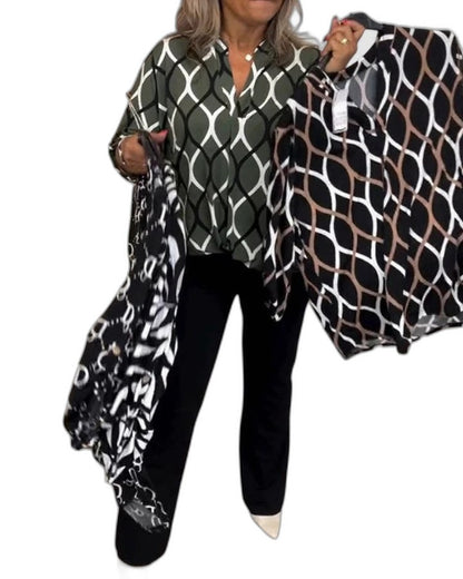 Stylish Geometric Blouse for Women with V Neck Long Sleeve Office Style
