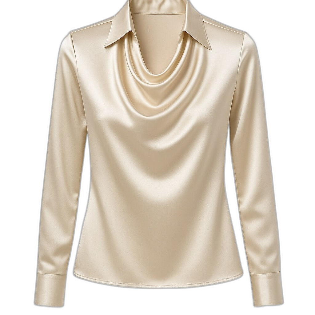 Stylish Gold Satin Blouse for Women with Cowl Neck Long Sleeve Office Style
