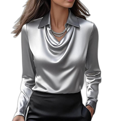 Stylish Gold Satin Blouse for Women with Cowl Neck Long Sleeve Office Style
