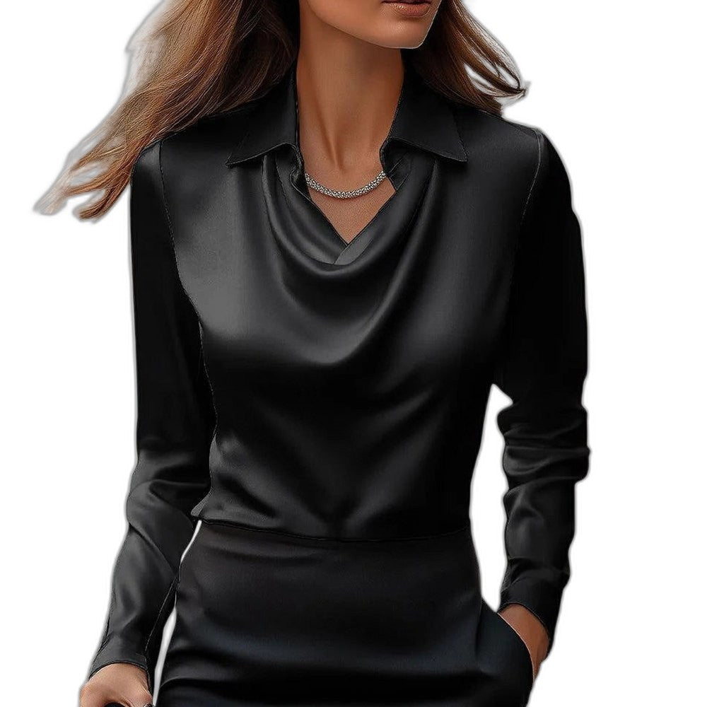 Stylish Gold Satin Blouse for Women with Cowl Neck Long Sleeve Office Style