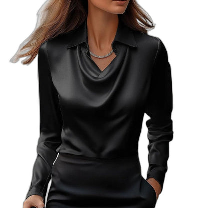 Stylish Gold Satin Blouse for Women with Cowl Neck Long Sleeve Office Style