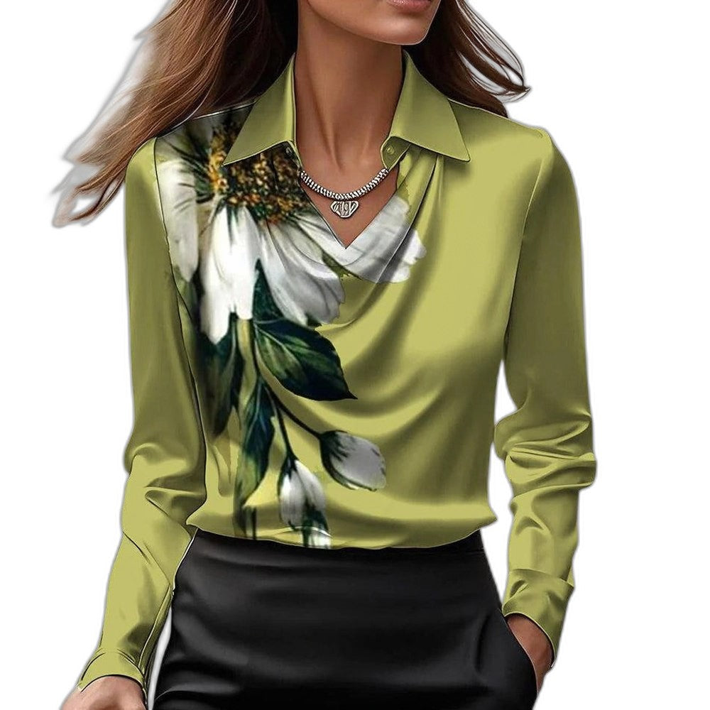 Stylish Gold Satin Blouse for Women with Cowl Neck Long Sleeve Office Style
