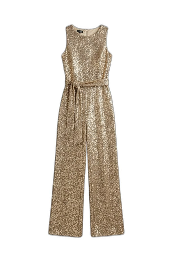 Stylish Gold Sequin Jumpsuit for Women with Crew Neck Sleeveless Belted Wide Leg Party Style