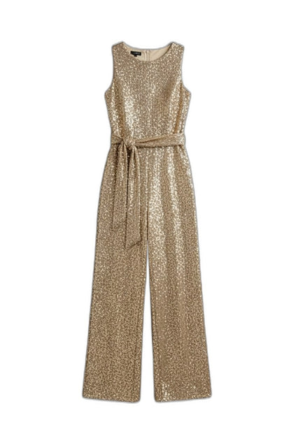 Stylish Gold Sequin Jumpsuit for Women with Crew Neck Sleeveless Belted Wide Leg Party Style