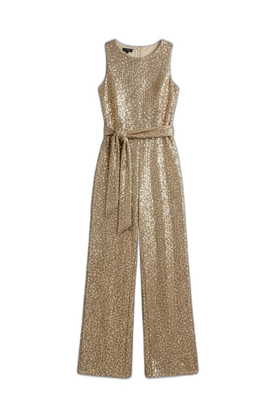 Stylish Gold Sequin Jumpsuit for Women with Crew Neck Sleeveless Belted Wide Leg Party Style
