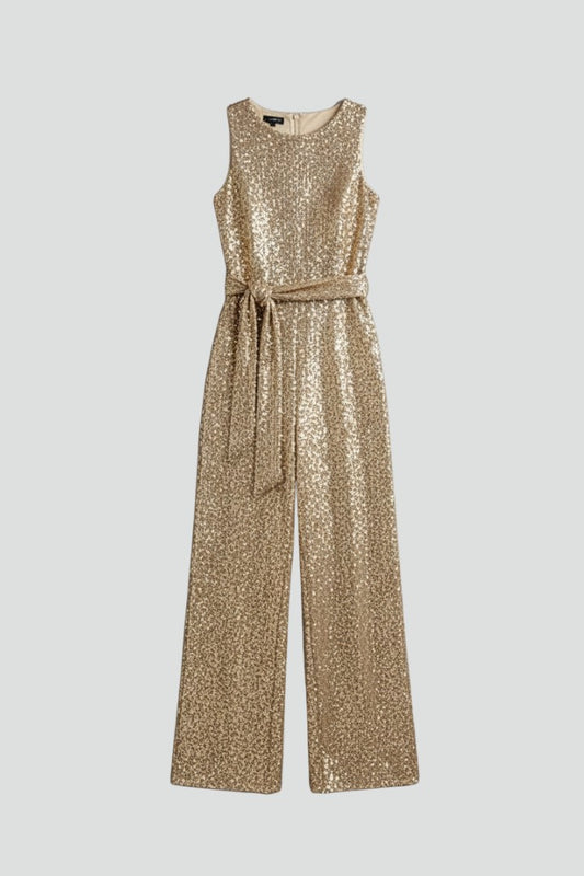 Stylish Gold Sequin Jumpsuit for Women with Crew Neck Sleeveless Belted Wide Leg Party Style
