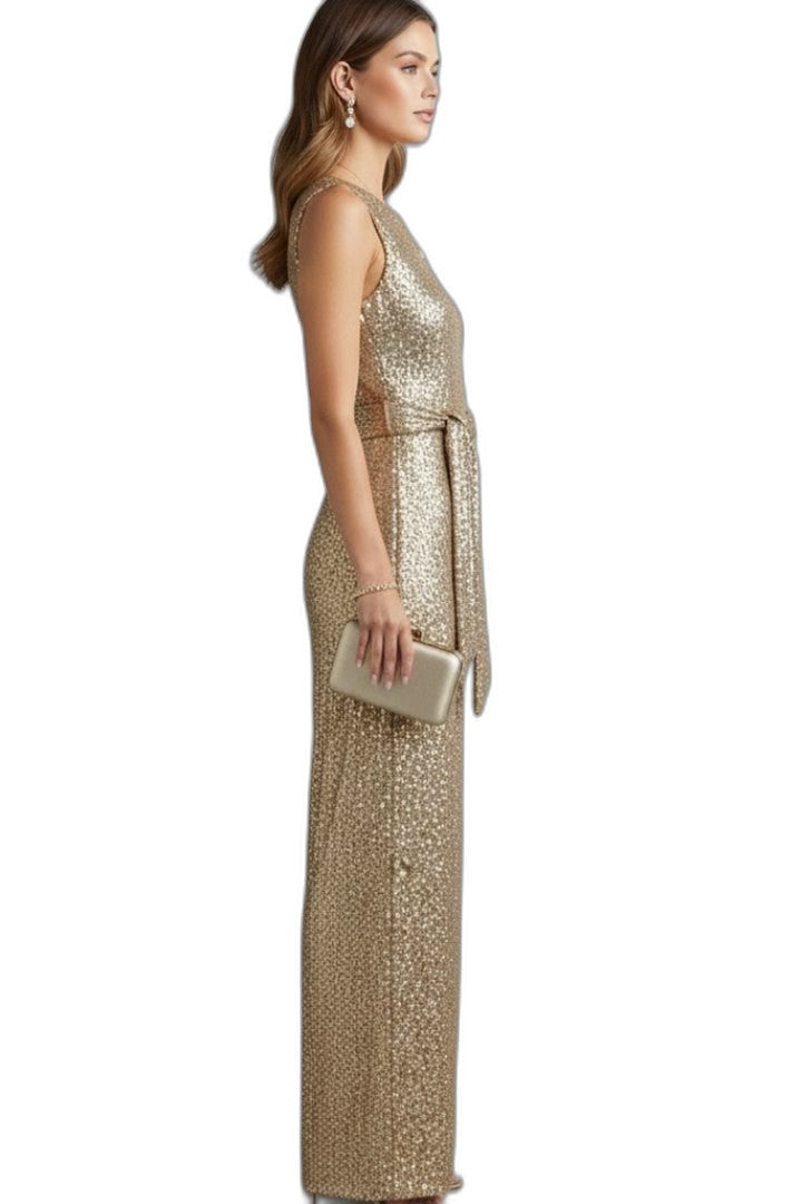 Stylish Gold Sequin Jumpsuit for Women with Crew Neck Sleeveless Belted Wide Leg Party Style