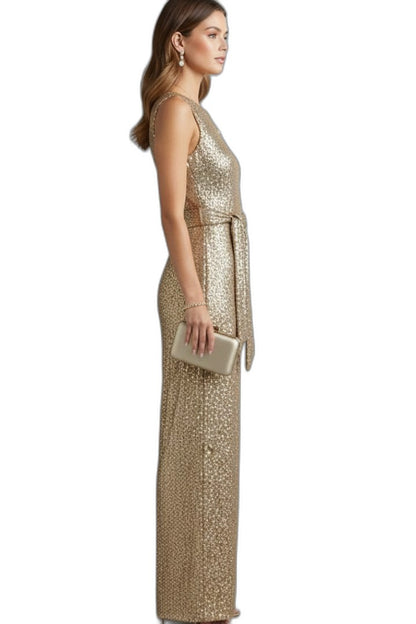 Stylish Gold Sequin Jumpsuit for Women with Crew Neck Sleeveless Belted Wide Leg Party Style