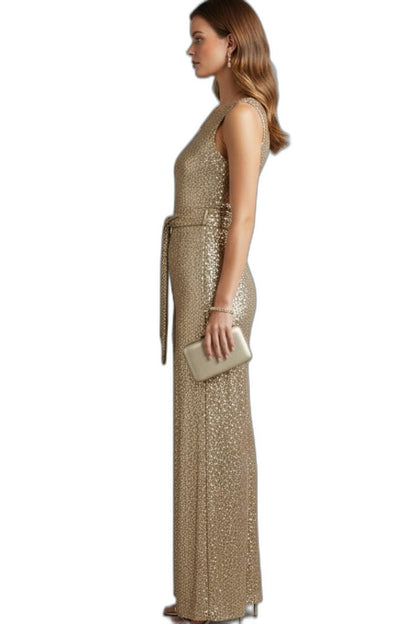 Stylish Gold Sequin Jumpsuit for Women with Crew Neck Sleeveless Belted Wide Leg Party Style