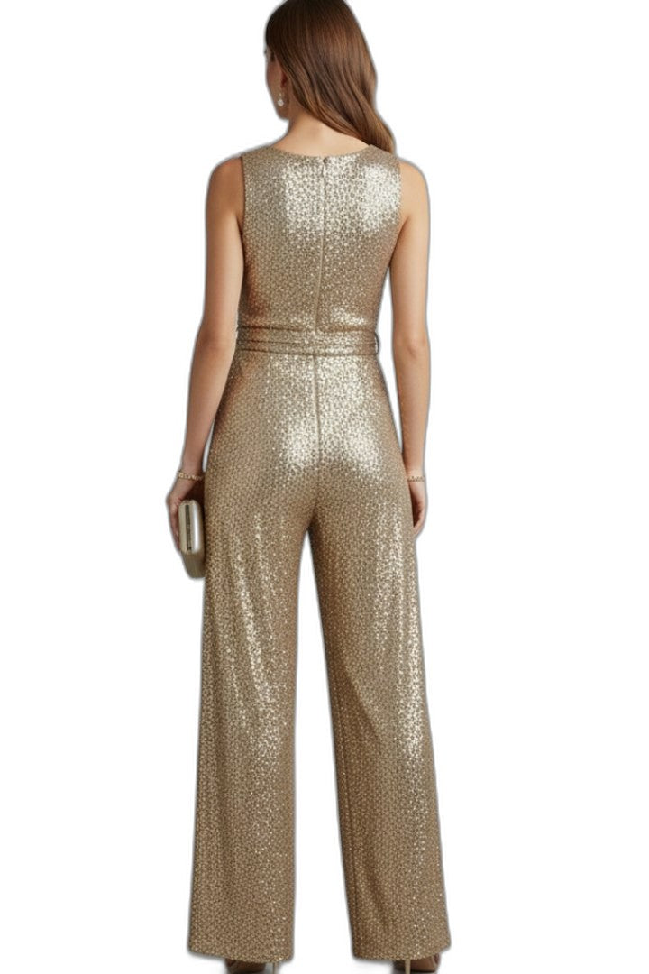 Stylish Gold Sequin Jumpsuit for Women with Crew Neck Sleeveless Belted Wide Leg Party Style