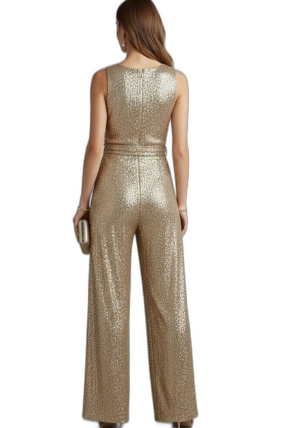 Stylish Gold Sequin Jumpsuit for Women with Crew Neck Sleeveless Belted Wide Leg Party Style