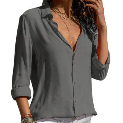 Stylish Grey Shirt for Women with Collared Long Sleeve Button Front Office Style
