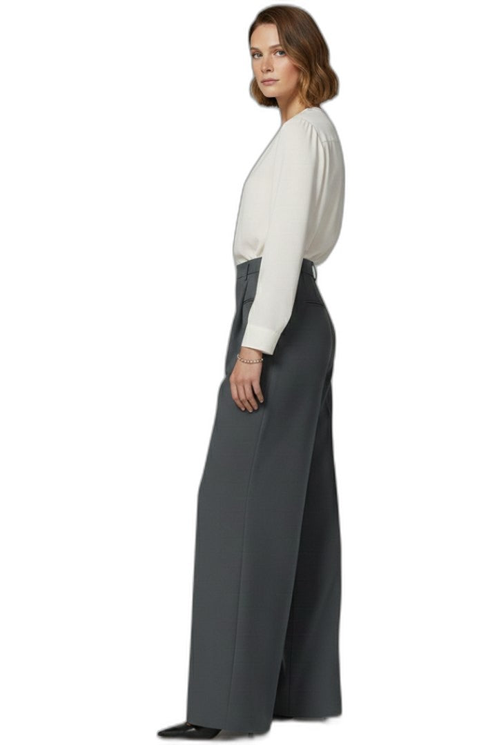 Stylish Grey Trousers for Women with High Waisted Wide Leg Palazzo Pockets Office Style