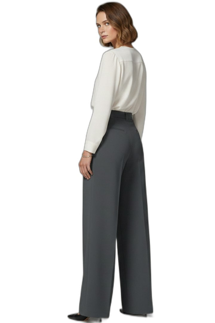 Stylish Grey Trousers for Women with High Waisted Wide Leg Palazzo Pockets Office Style