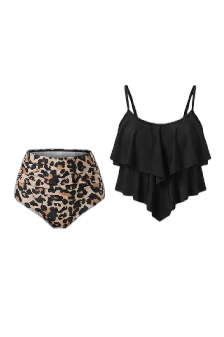 Stylish Leopard Bikini for Women with Strapless Tiered Ruffle High Waisted Vacation Style