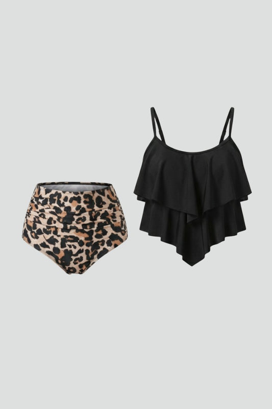 Stylish Leopard Bikini for Women with Strapless Tiered Ruffle High Waisted Vacation Style