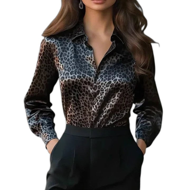 Stylish Leopard Blouse for Women with Collared Long Sleeve Button Front Party Style