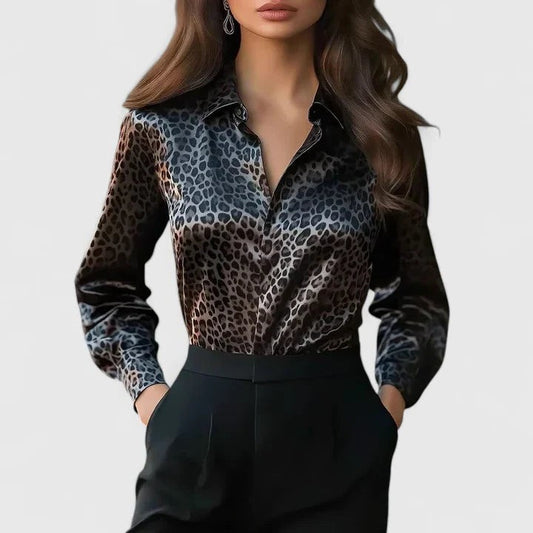 Stylish Leopard Blouse for Women with Collared Long Sleeve Button Front Party Style