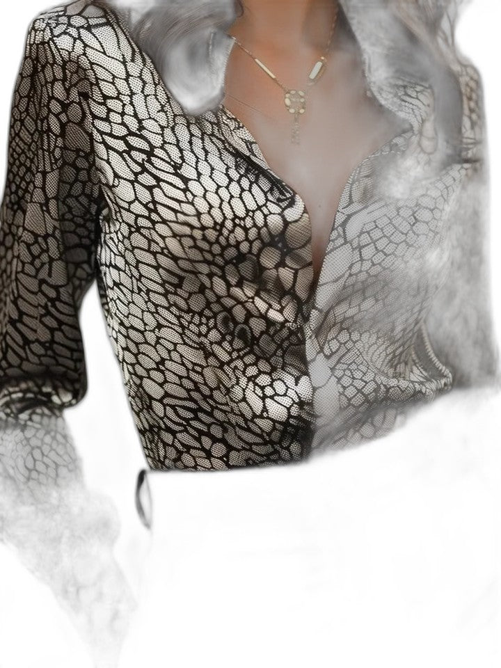 Stylish Leopard Blouse for Women with Collared Long Sleeve Button Front Party Style
