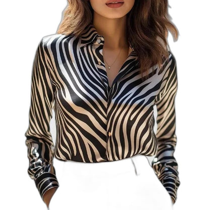 Stylish Leopard Blouse for Women with Collared Long Sleeve Button Front Party Style