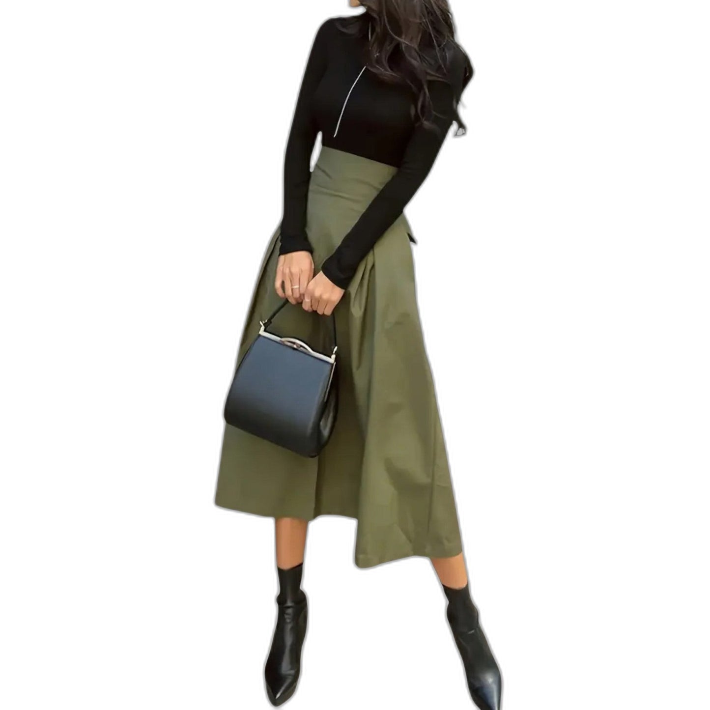 Stylish Olive Midi Skirt for Women with A Line Office Style