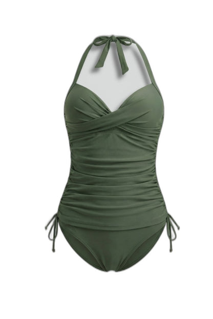 Stylish Olive Swimsuit for Women with V Neck Sleeveless Ruched Vacation Style