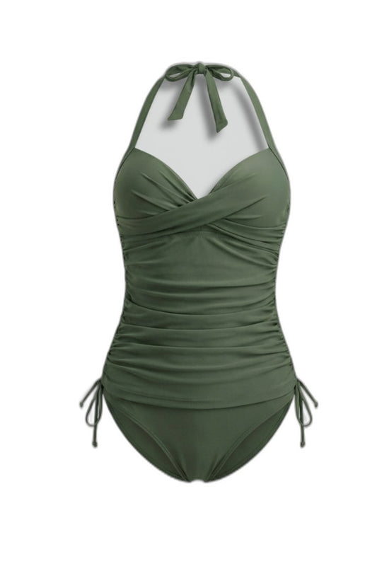 Stylish Olive Swimsuit for Women with V Neck Sleeveless Ruched Vacation Style