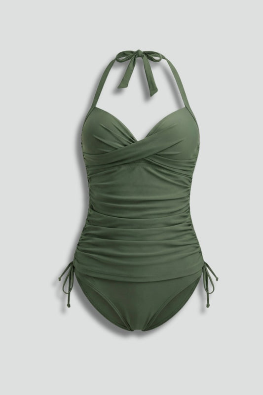 Stylish Olive Swimsuit for Women with V Neck Sleeveless Ruched Vacation Style