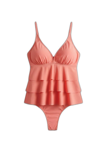 Stylish Orange Swimsuit for Women with V Neck Sleeveless Tiered Ruffle Vacation Style